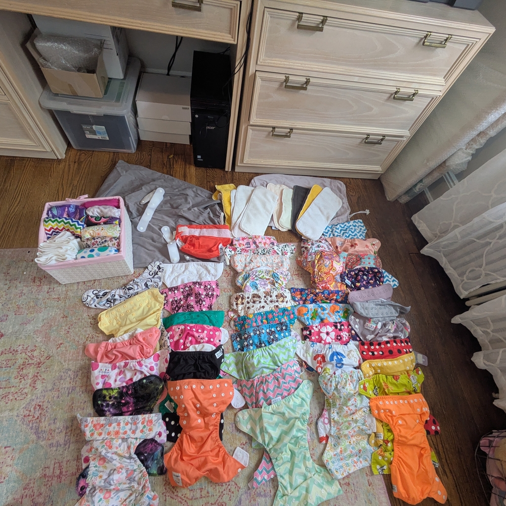 Colorful Cloth Diapers Set Of 49 Diapers,  Inserts Wipes, Wet Bags, Wipes Warmer
